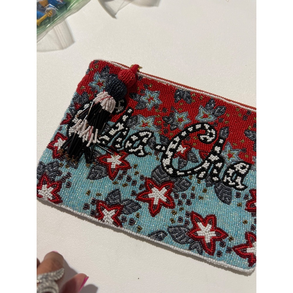 Hand Beaded Ciao Pouch Clutch Bag Red Turquoise Floral Tassel Zip Top Accessory